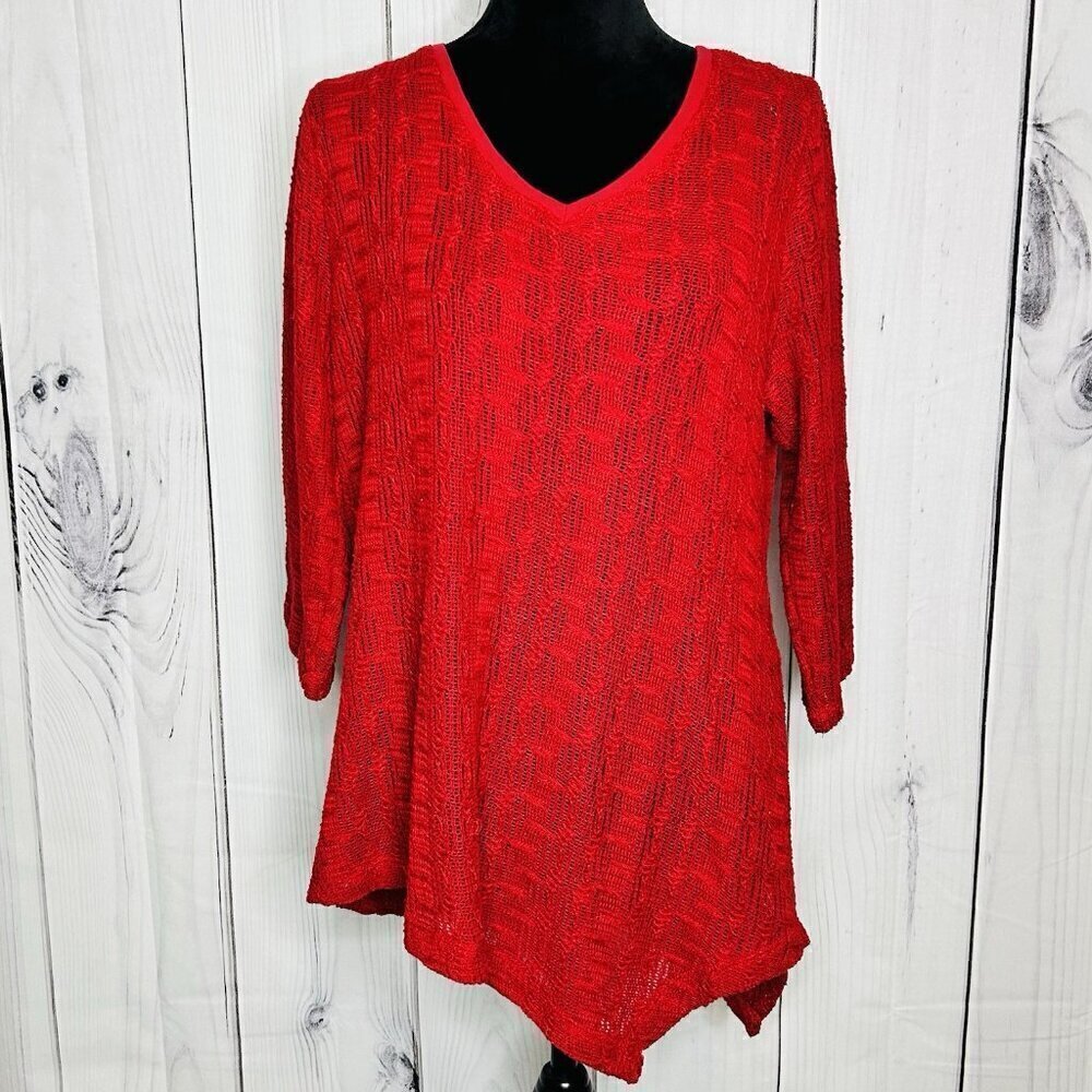 Chicos Womens Sweater Sz 2 Large Red Asymmetrical Pullover V-Neck Open-Knit